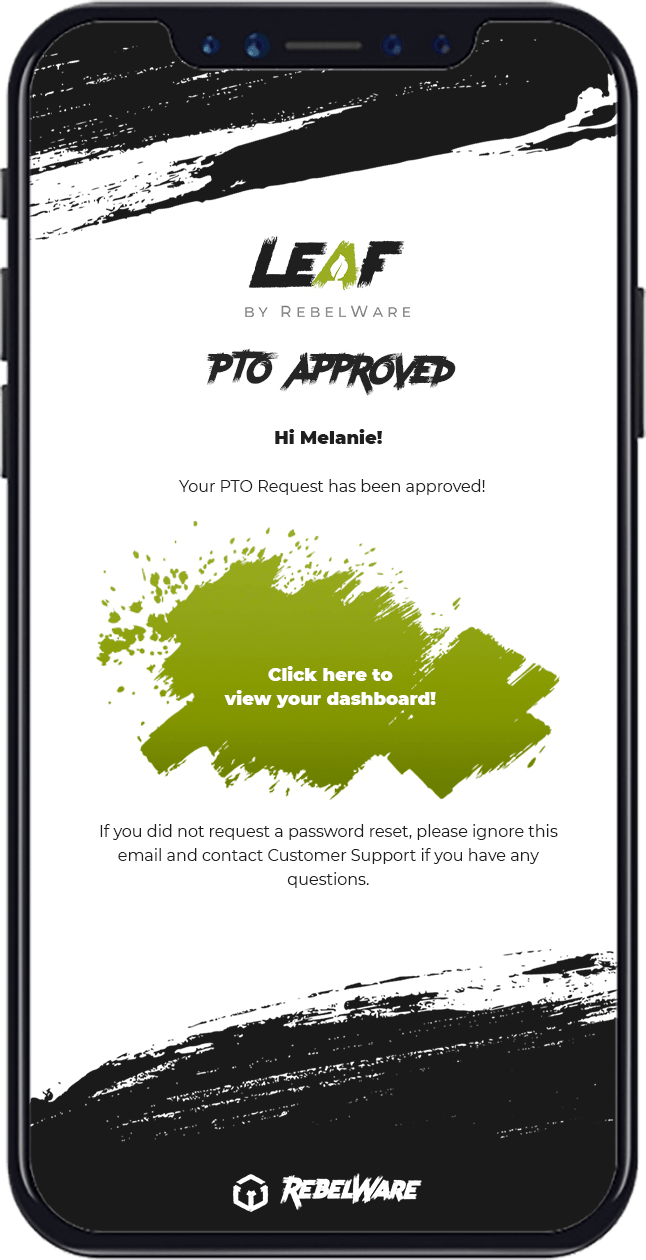 Leaf PTO has been approved message on mobile