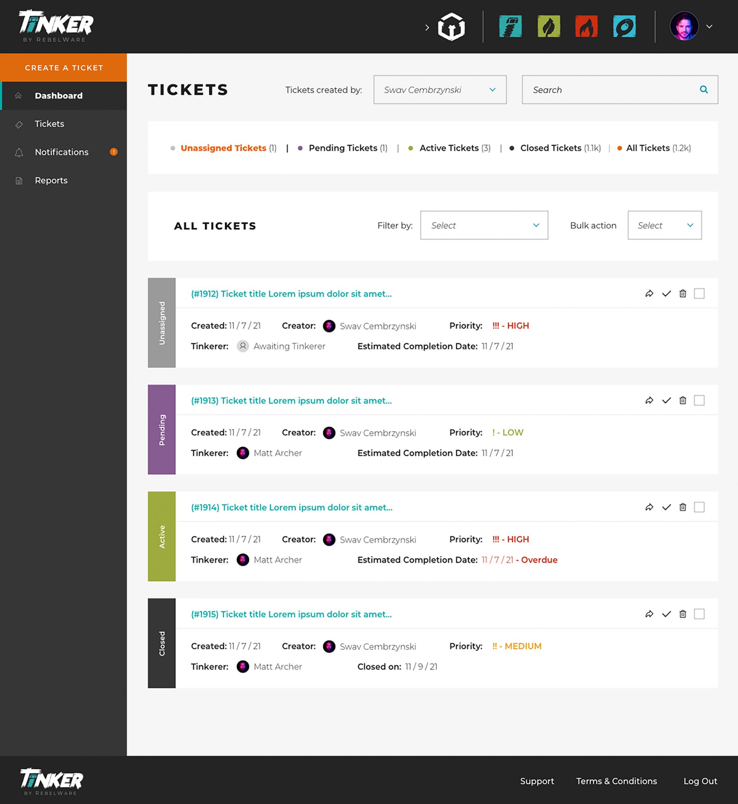 View of all tickets in Tinker