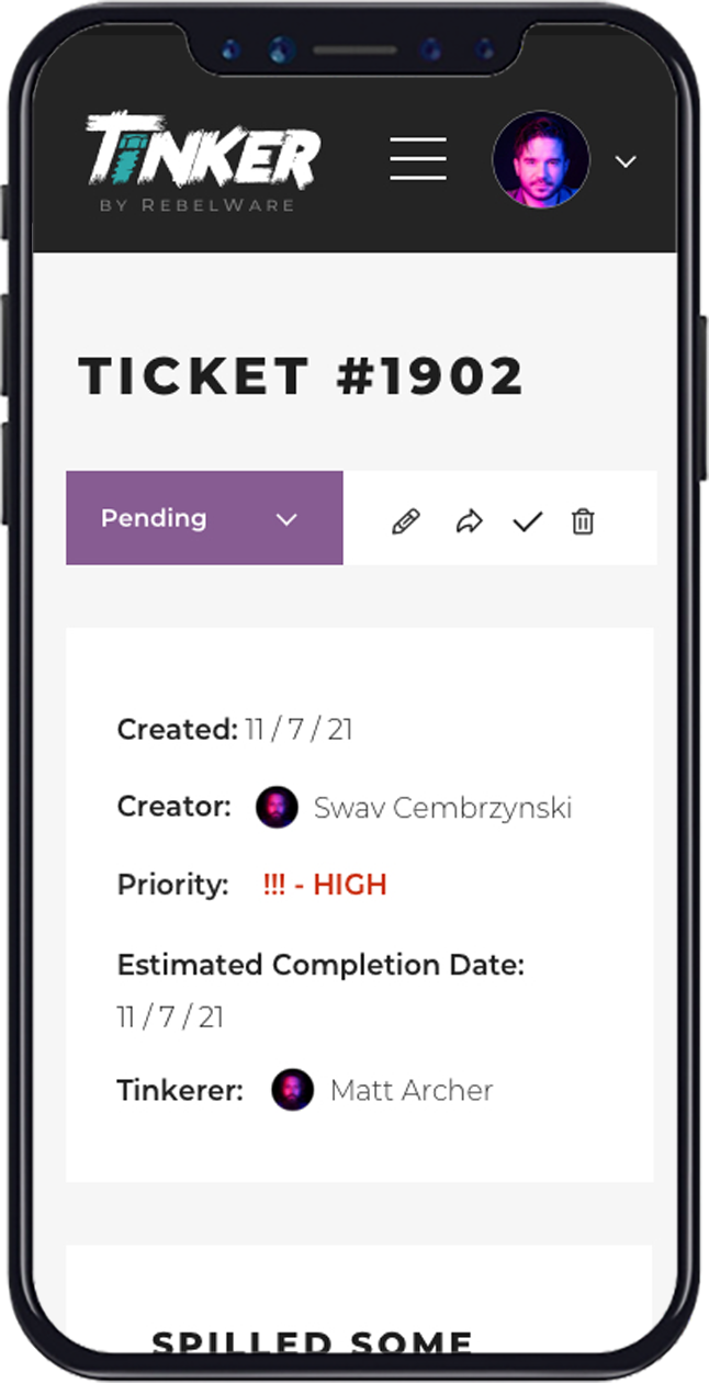 Mobile view of Pending IT ticket