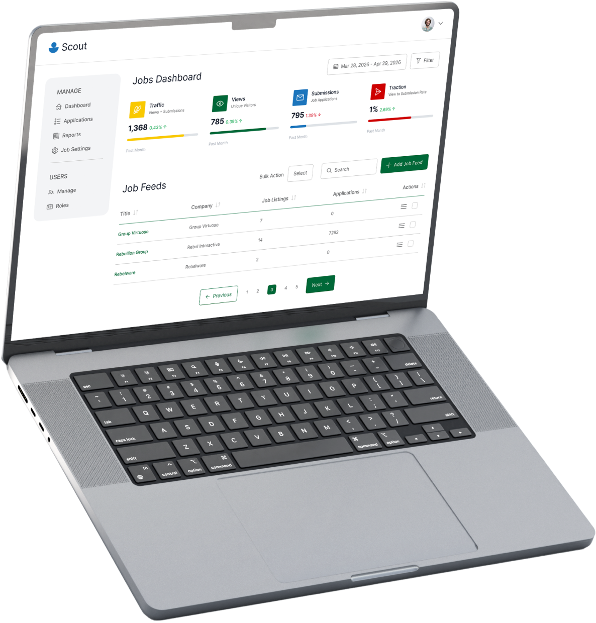 Scout jobs dashboard on laptop
