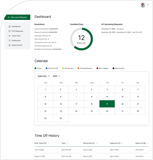 Leaf PTO dashboard and calendar